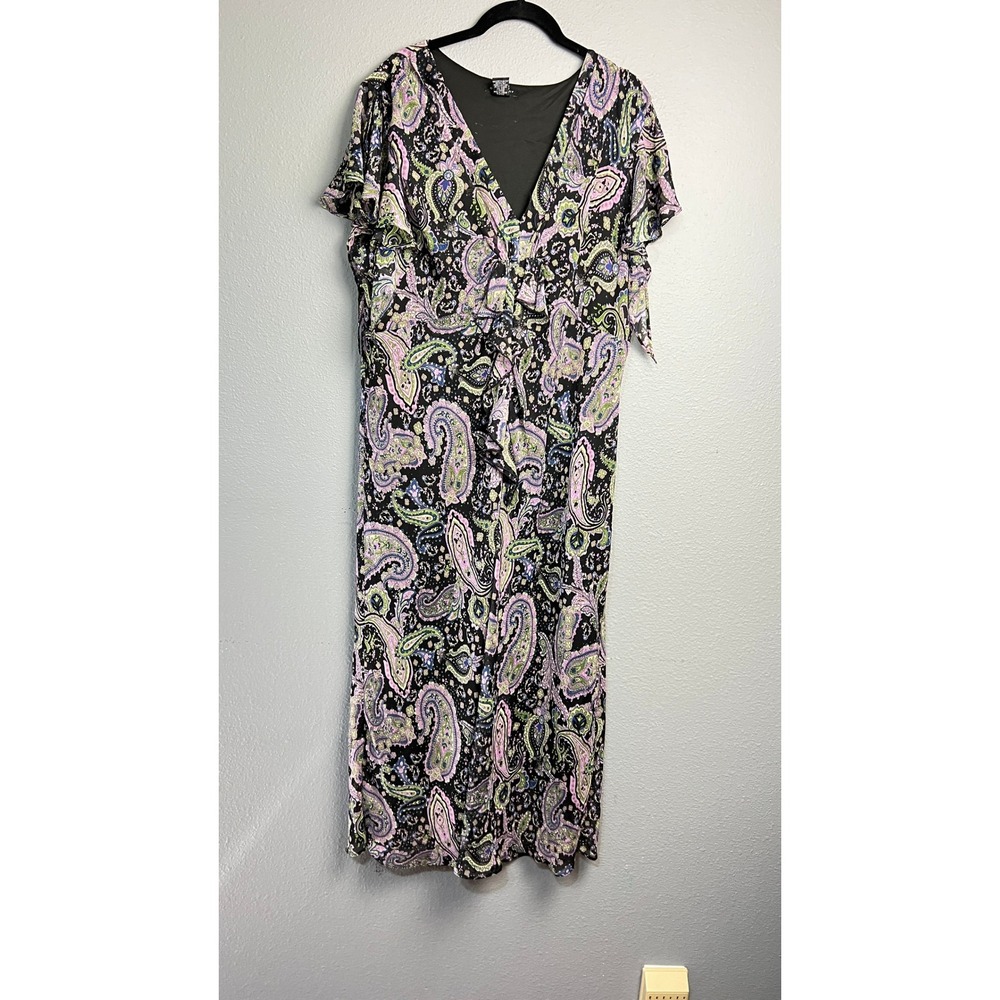 Courtenay Womens 20W Paisley Maxi Dress Black Purple Green V-Neck Flutter Sleeve